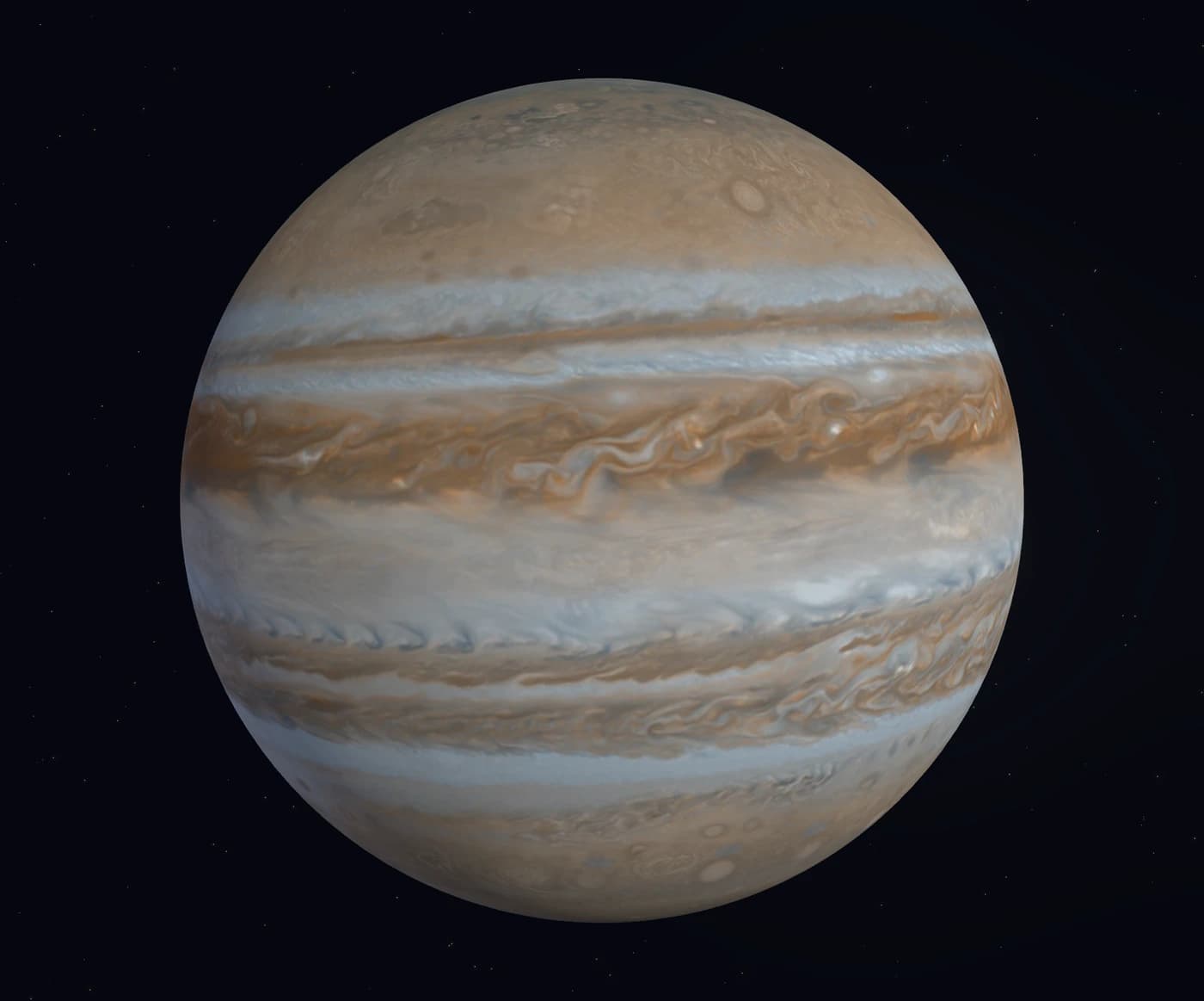 Jupiter’s banded atmosphere rendered in Veyra’s member Observatory.